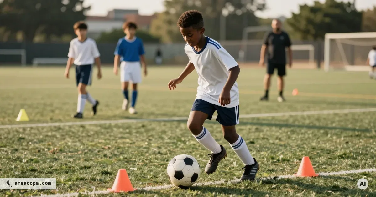 Young soccer player dribbling a ball through cone gates using the inside of the foot during U9 to U11 dribbling training on a grass pitch.