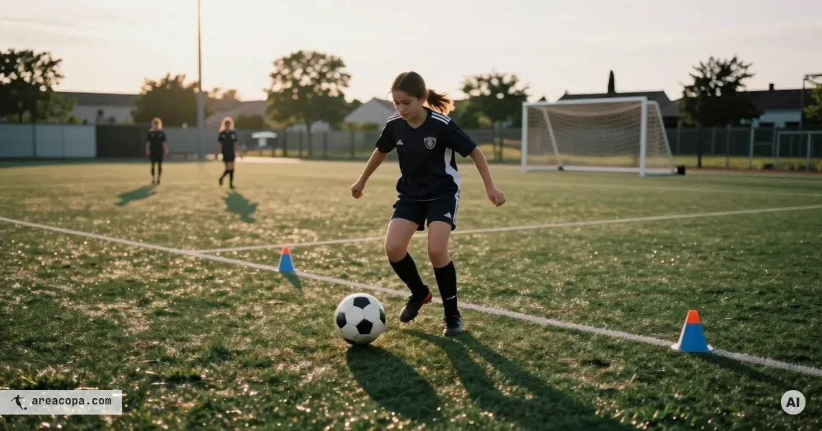 Young player dribbles through cones in small-sided soccer training at dusk, long shadows on the grass, goals out of focus in the background.