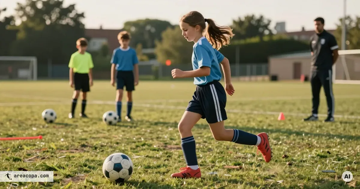 Young player mid-stride during a U11 soccer warm-up without equipment on a grass pitch, blurred teammates warming up in the background and a coach on the sideline.